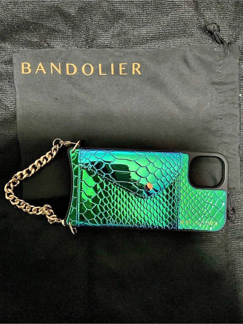 Bandolier Iridescent Green Snake Crossbody Phone Case Green & Black